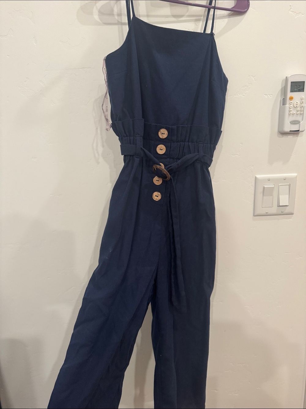 Navy Spaghetti-Strap Jumpsuit with Button Front and Self-Tie Waist